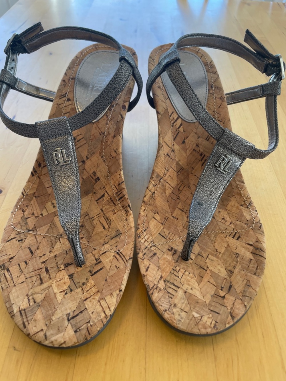 Ralph Lauren Pewter T-Strap Cork Wedge Sandals